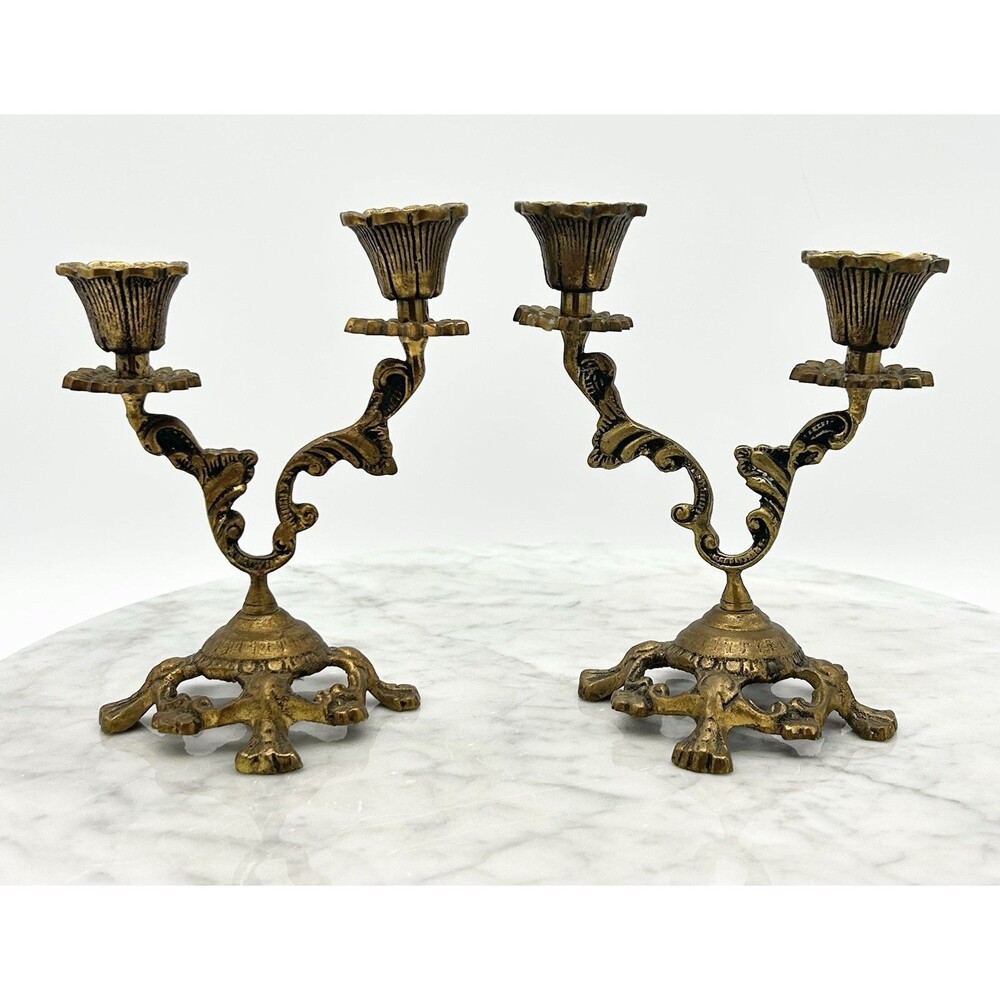 Pair Of Mid Century Brass Candelabras Italian Art Nouveau/French Baroque Small
